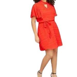LANE BRYANT Red midi dress bell sleeves, sash belt flare hem.